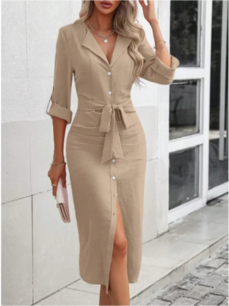 V-Neck Long Sleeve Maxi Shirt Dress – Button-Up Lace Waist Ankle-Length Dress
