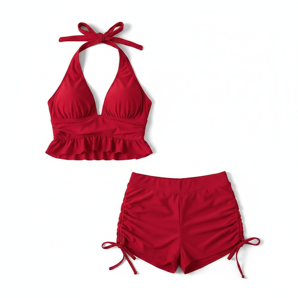 Ruffle Backless Two-Piece Swimsuit Set with Shorts Red