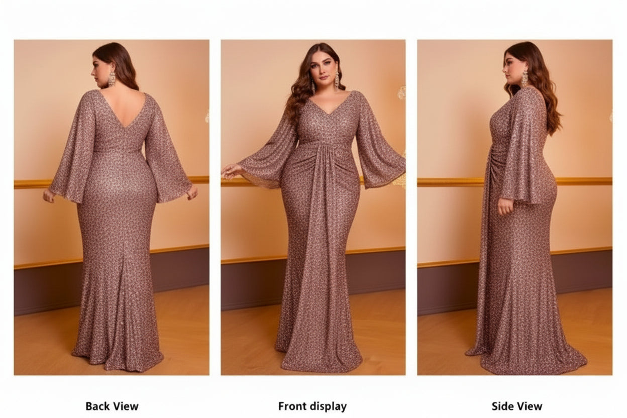 Rose Gold V-Neck Sequin Long Sleeved Pleated Dress by Royalessencelux
