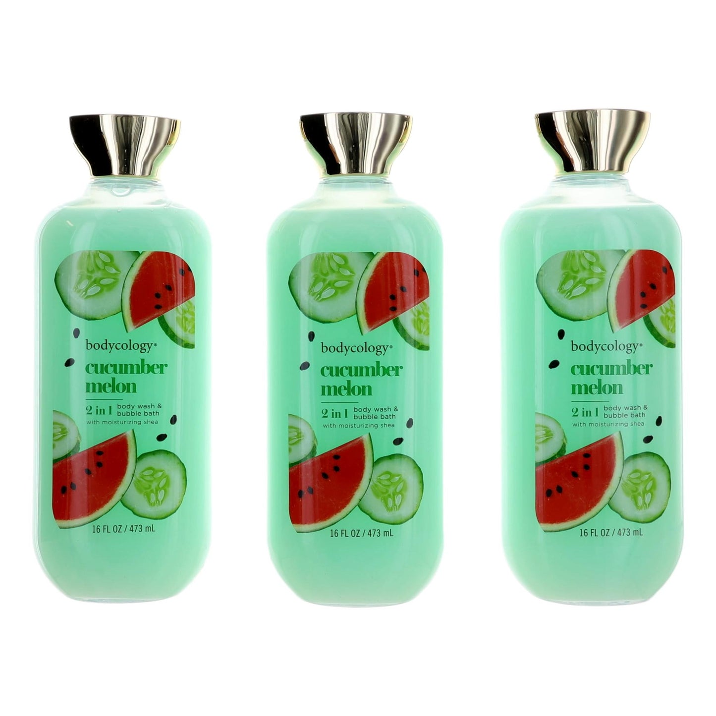Cucumber Melon by Bodycology, 3 Pack 16oz 2 in 1 Body Wash & Bubble Bath women by Bodevoke