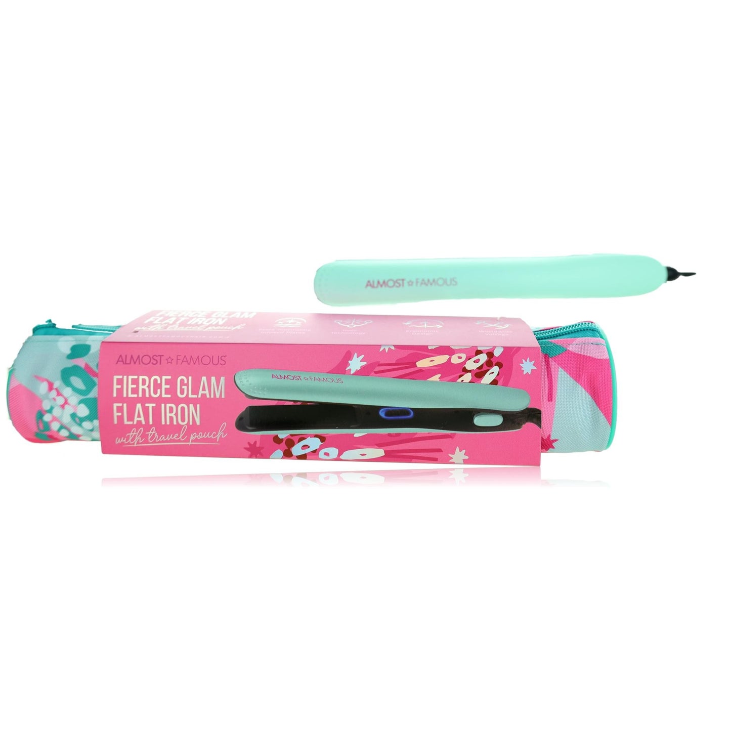 Fierce Glam by Almost Famous, Flat Iron With Travel Pouch -Turquoise by Almost Famous