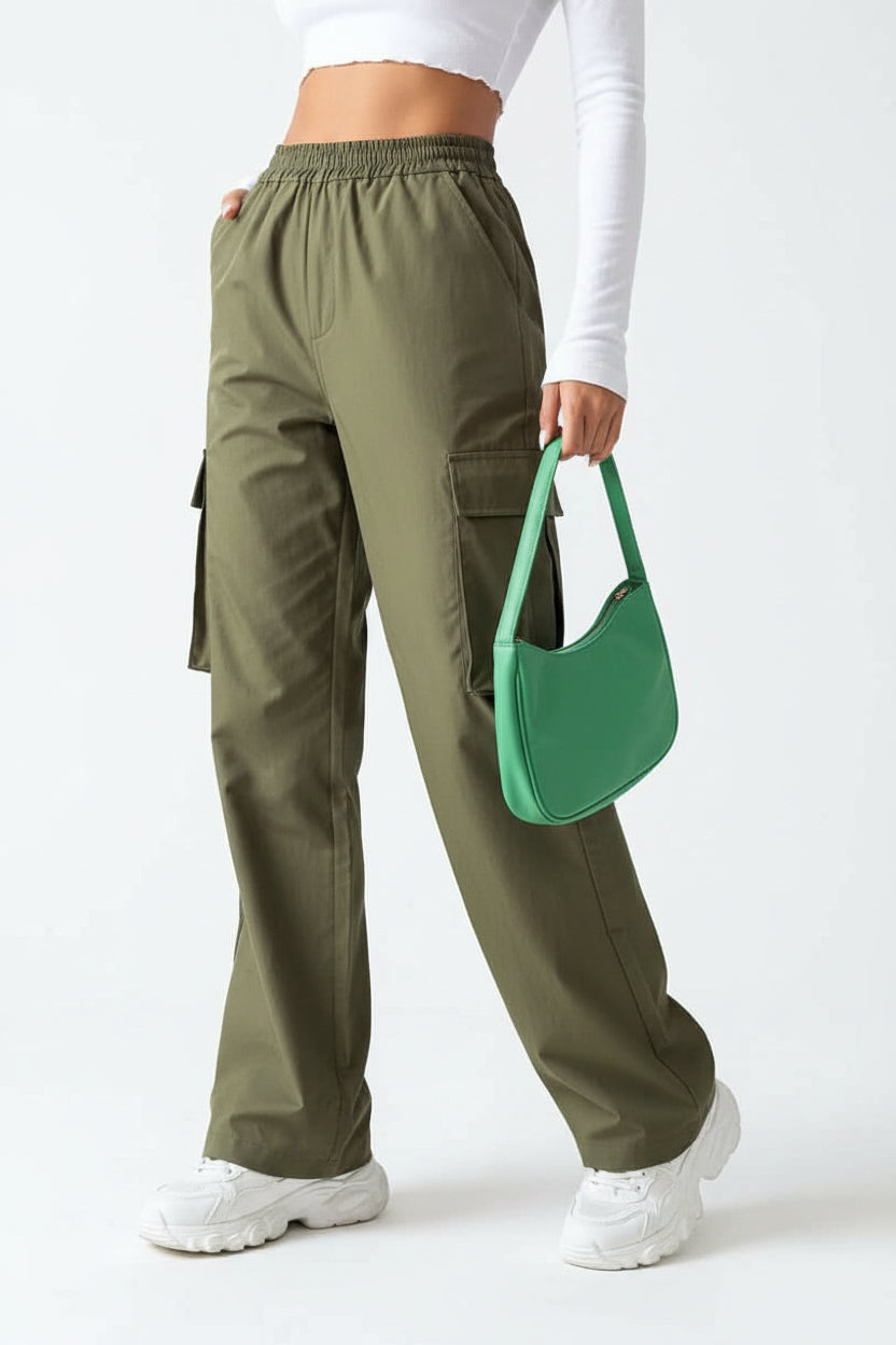 Women's Chinos Cargo Mid Waist Pants Army Green
