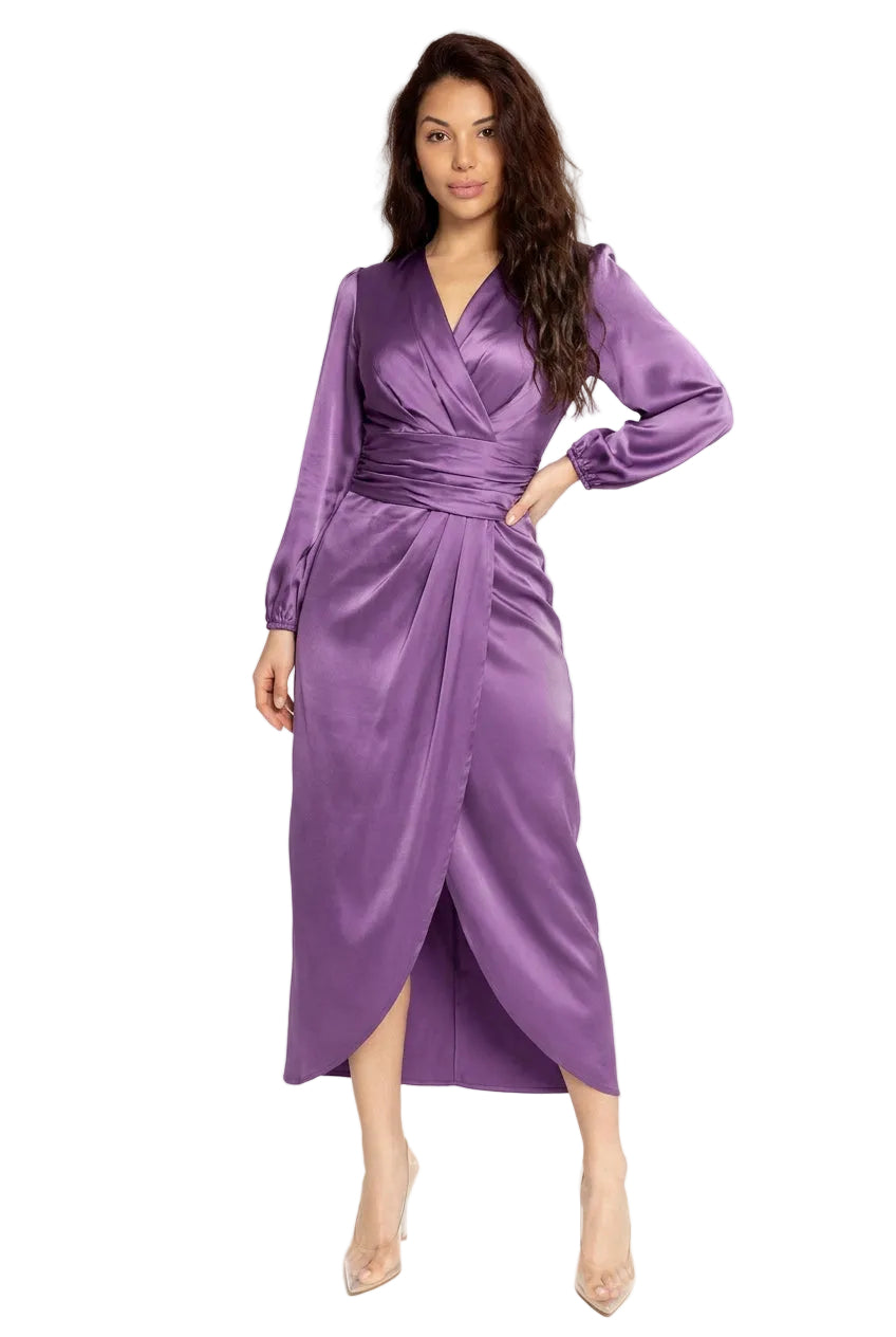 Satin Swing Maxi Dress | Long Sleeve Ruched Crew Neck Formal Dress Purple
