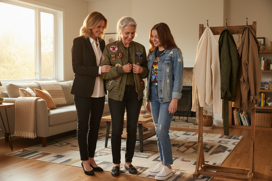 Three women of different generations smiling and sharing fashion inspiration in a cozy living room
