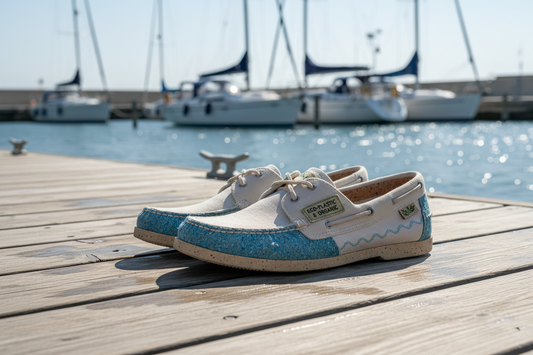 Eco-friendly footwear featured in the sustainable boat shoes guide on a sunny marina dock