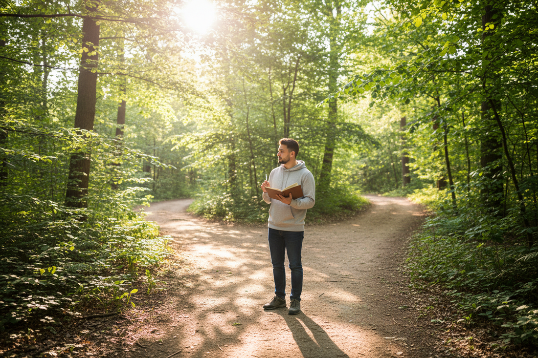 Young man journaling in a sunlit forest at a fork in the path for mindful reflection