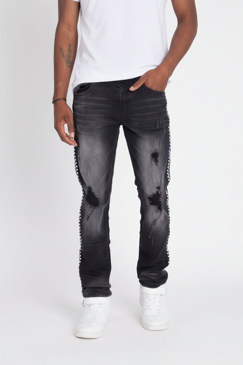 Men's Distressed Denim Checkered Tape Jeans by WEIV