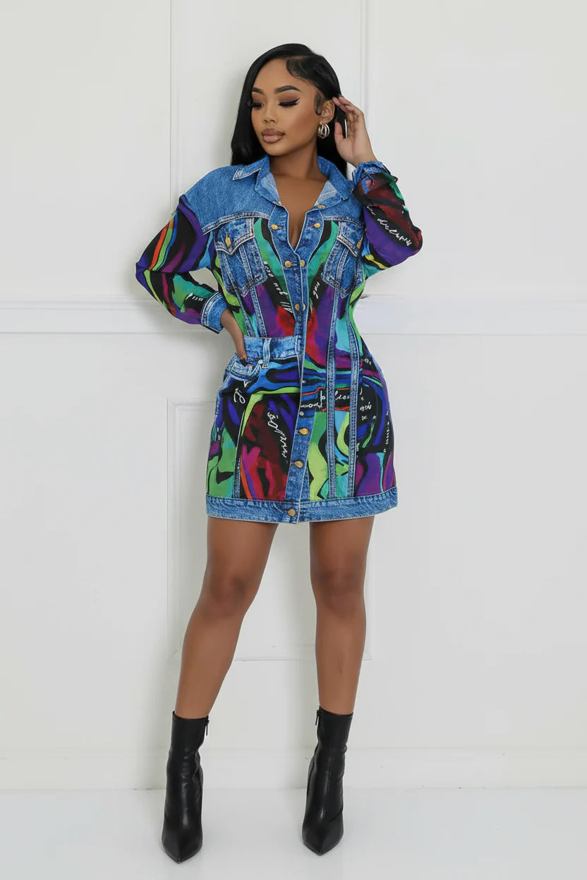 Denim Effect Abstract Print Two-Piece Set – Blouse & Mini Skirt Blue