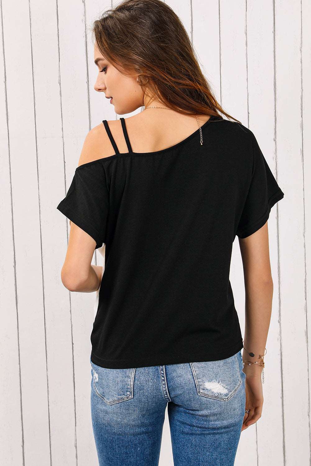 Contrast Twisted Asymmetrical Neck Top, Black-White, rear view