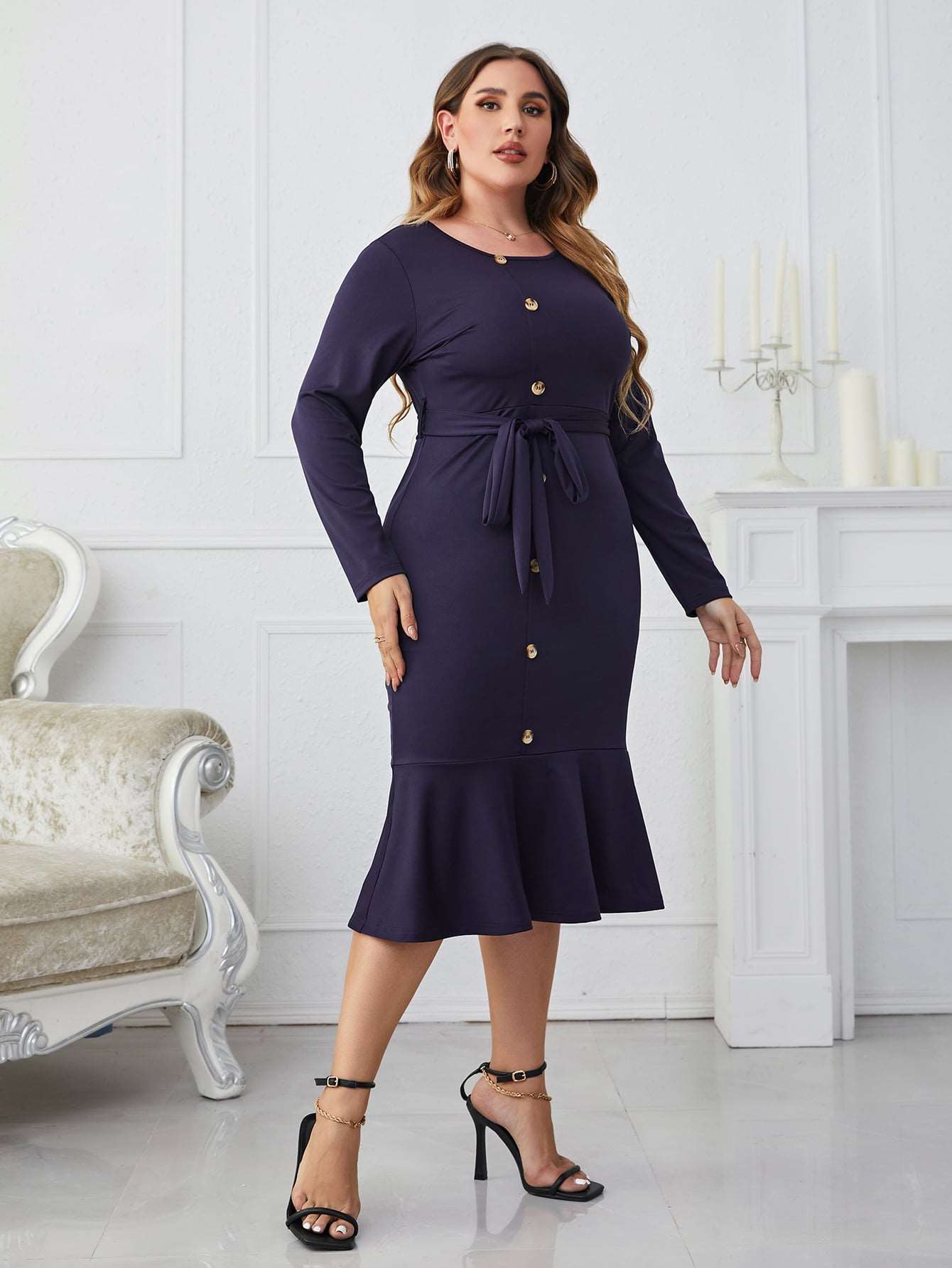 Melo Apparel Plus Size Long sleeves Buttoned Round Neck Tie Belt Midi Dress