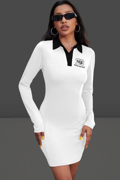 Women's Graphic Collared Long Sleeve Mini Dress - White