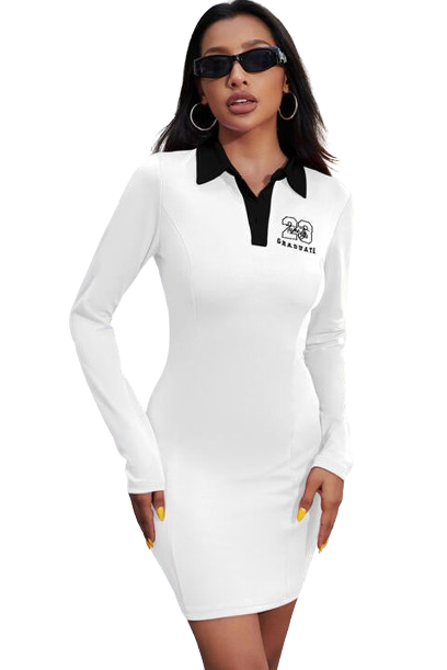 Women's Graphic Collared Long Sleeve Mini Dress - White