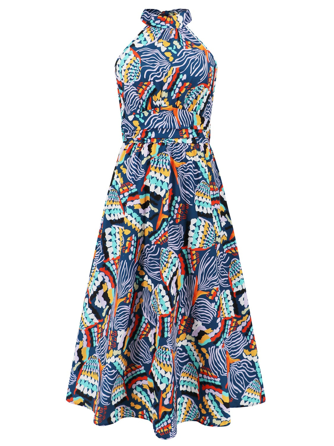 Ruched Printed Halter Neck Sleeveless Midi Dress