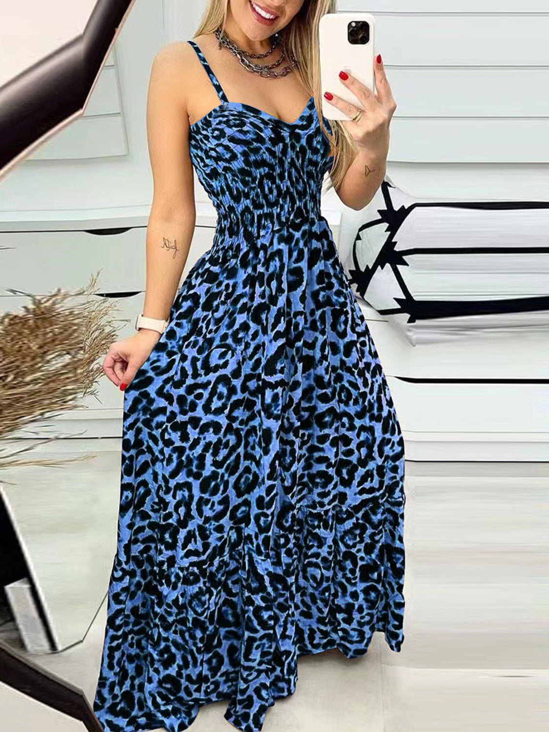 Women's Leopard Sweetheart Neck Cami Maxi Dress