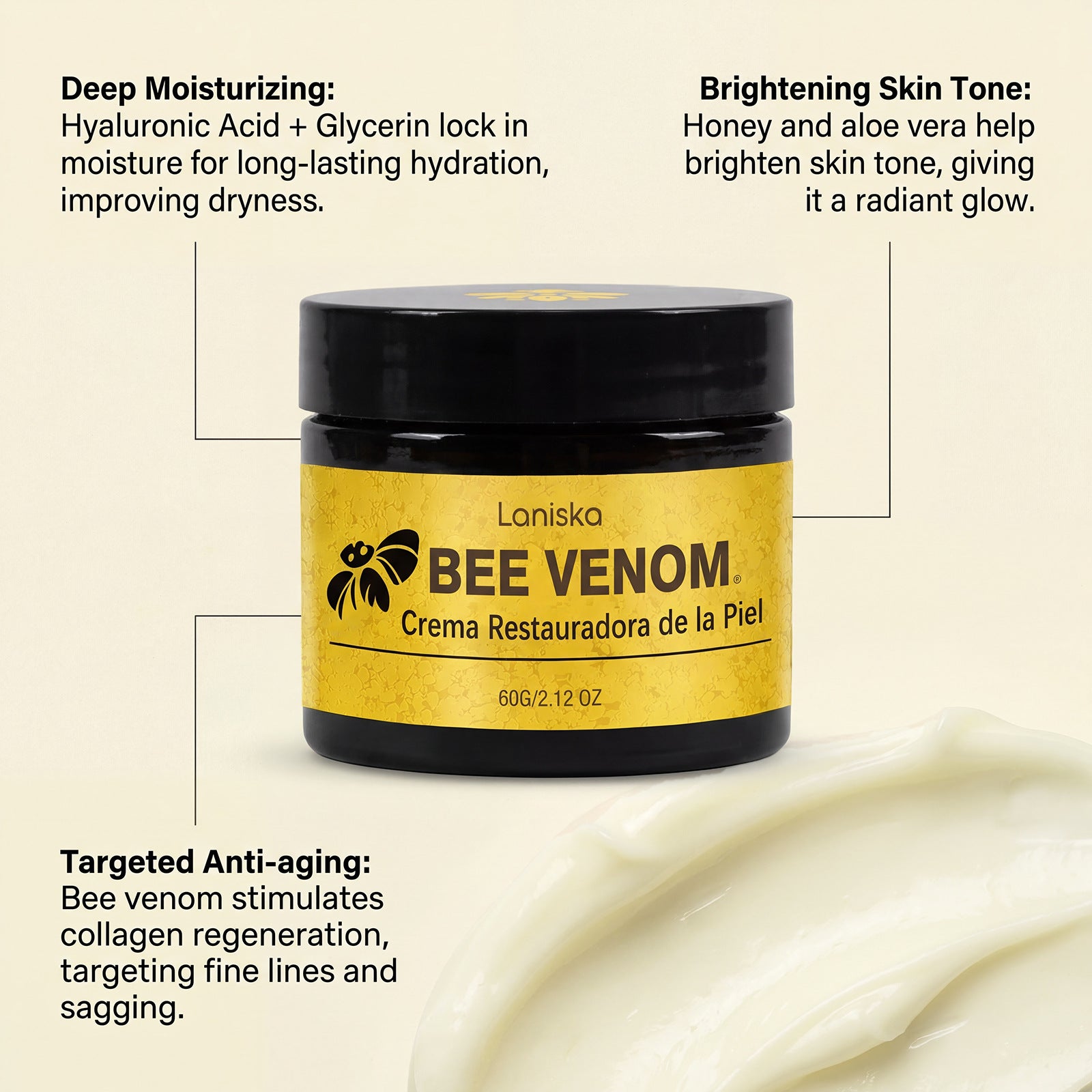 Bee Venom & Hyaluronic Acid Skin Cream – Honey, Shea Butter & Aloe Vera, 60G