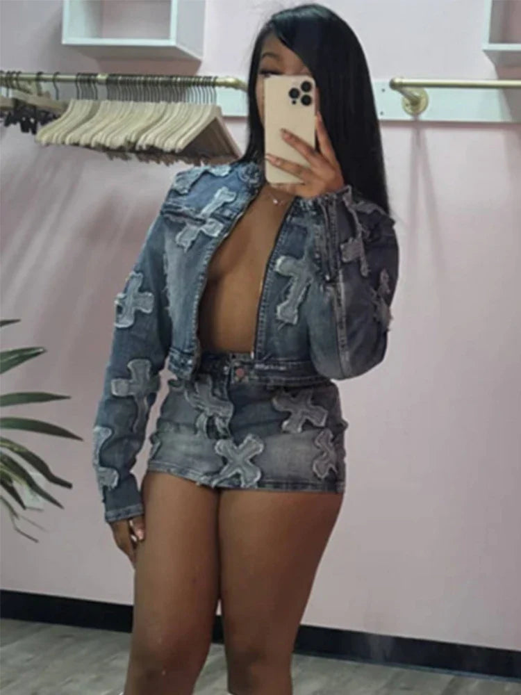 Women's Embroidered Denim Cargo Outfit - Full Sleeve Jacket & Pants