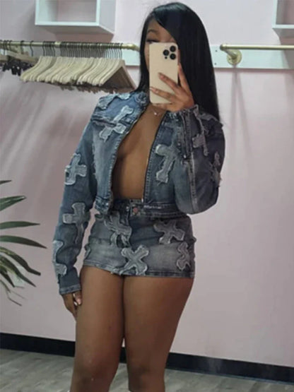 Women's Embroidered Denim Cargo Outfit - Full Sleeve Jacket & Pants