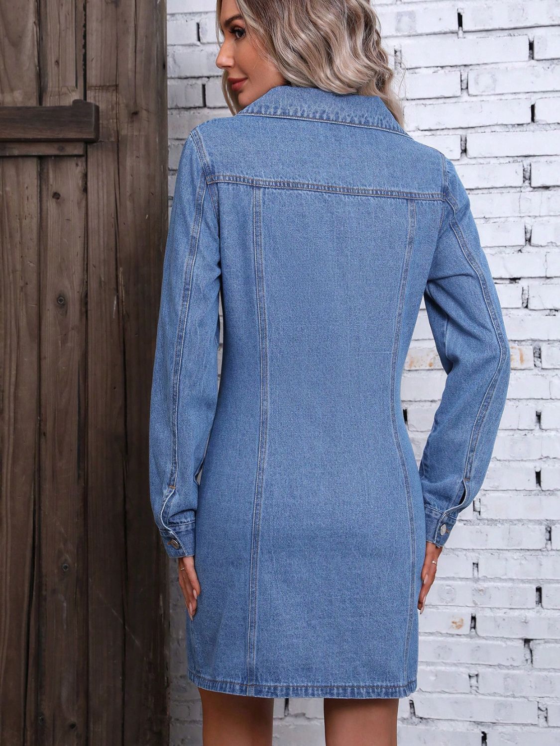 Ruched Button-Up Long Sleeve Denim Mini Dress