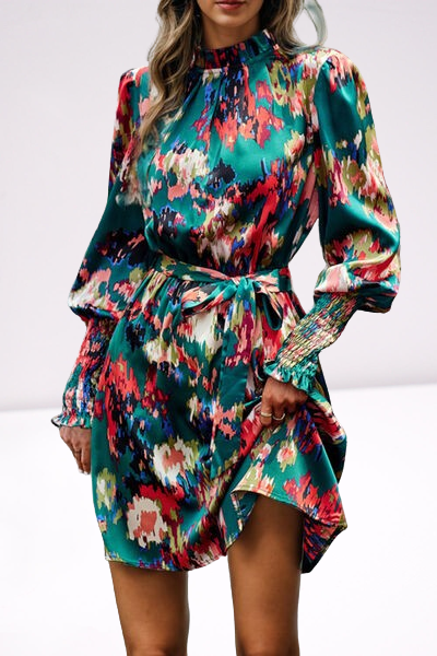 Women's Printed Tied Lantern Sleeve Mini Dress