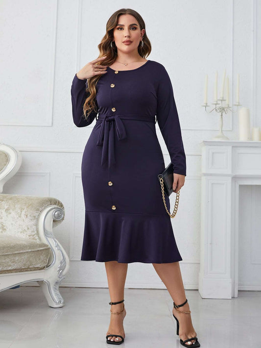 Melo Apparel Plus Size Long sleeves Buttoned Round Neck Tie Belt Midi Dress