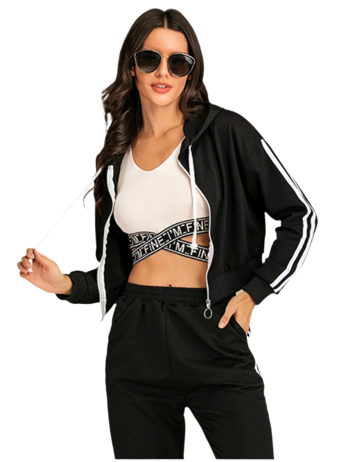 Women's Drawstring Side Stripe Zip Up Hooded Top and Pants Set