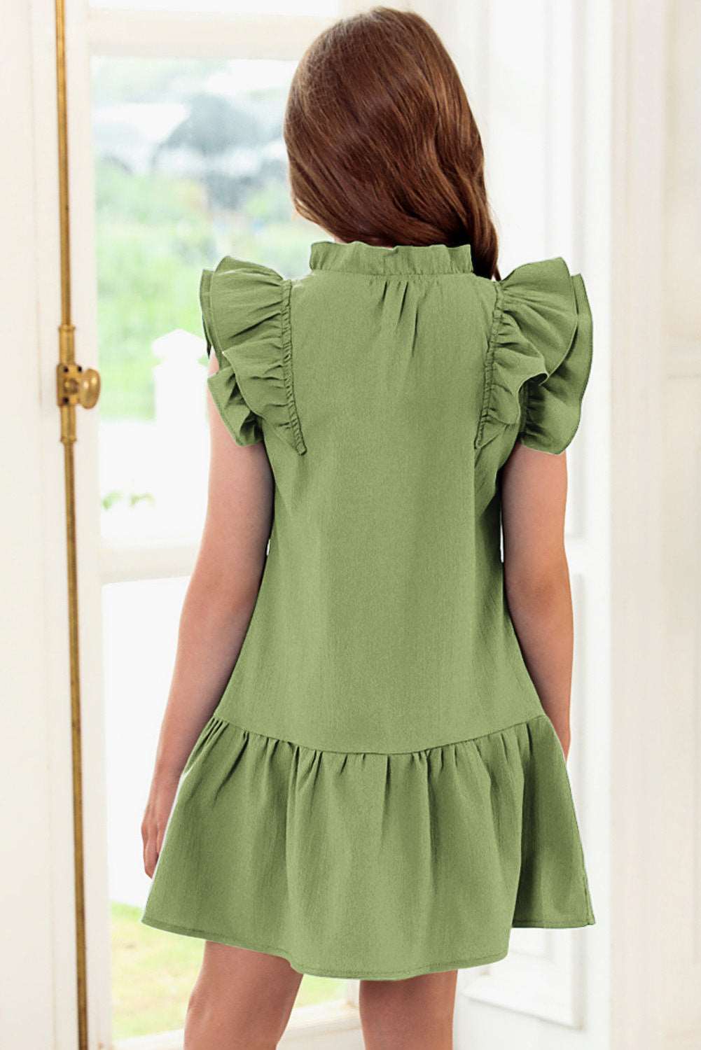 Girls Tie Neck Flutter Sleeve Dress