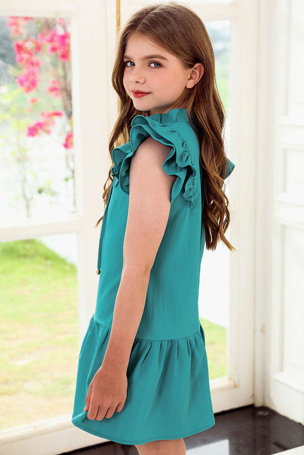 Girls Tie Neck Flutter Sleeve Dress