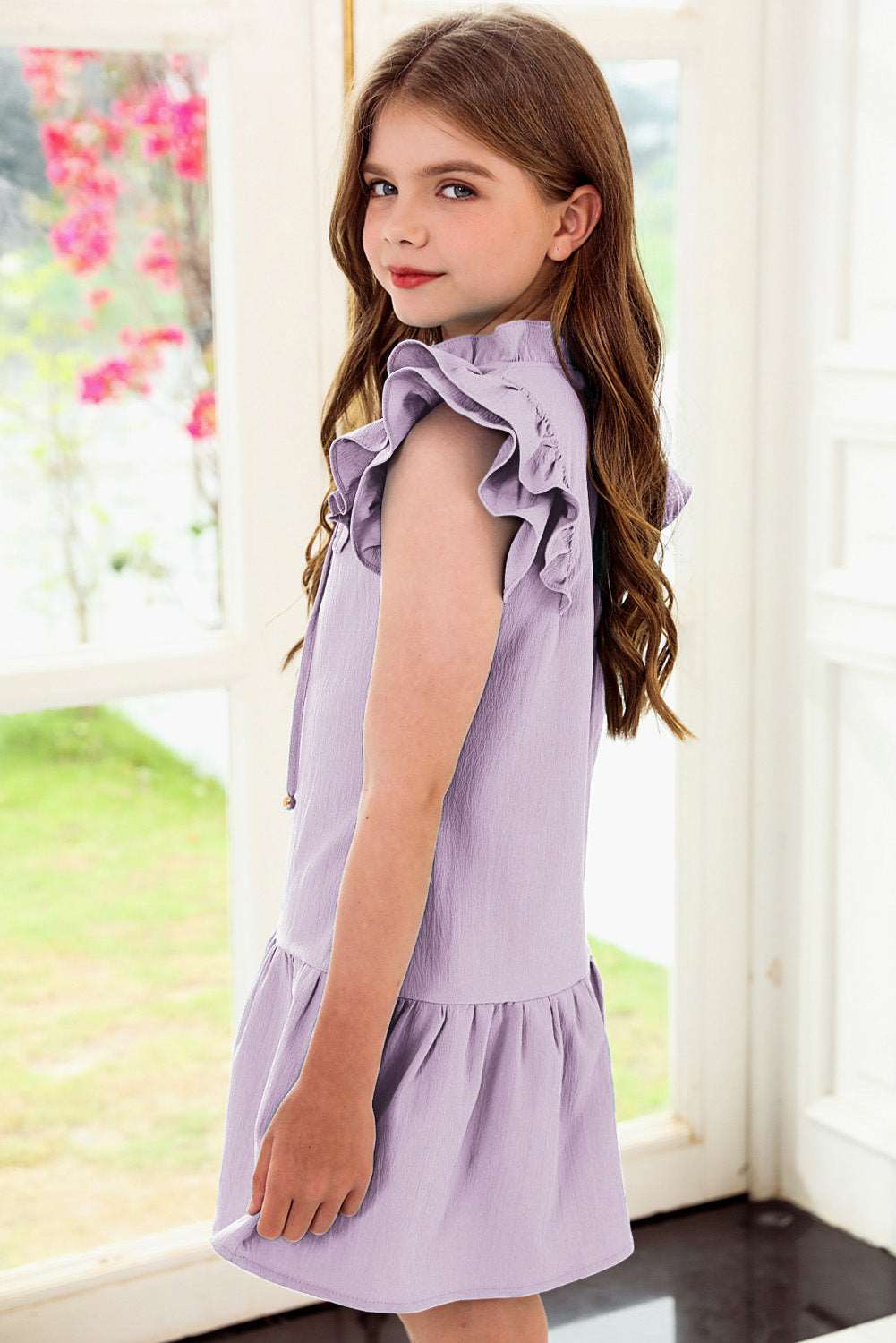 Girls Tie Neck Flutter Sleeve Dress