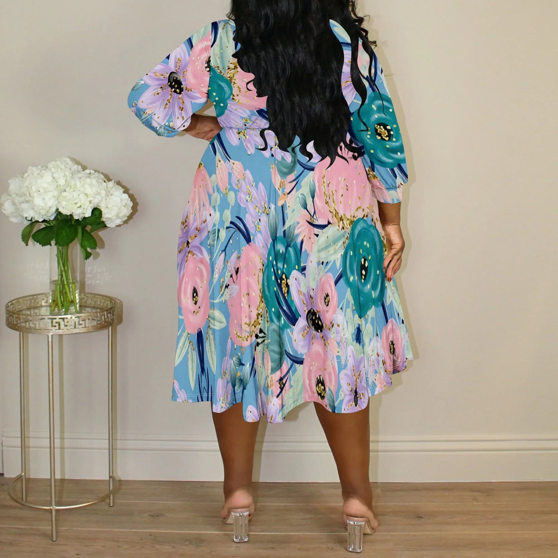 Plus Size Abstract Floral V-Neck Wrap Midi Dress with 3/4 Sleeves