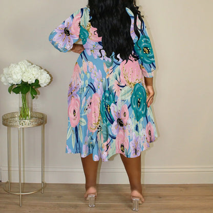 Plus Size Abstract Floral V-Neck Wrap Midi Dress with 3/4 Sleeves
