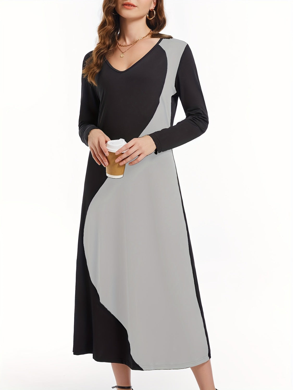 Women's Contrast Long Sleeve Midi Dress