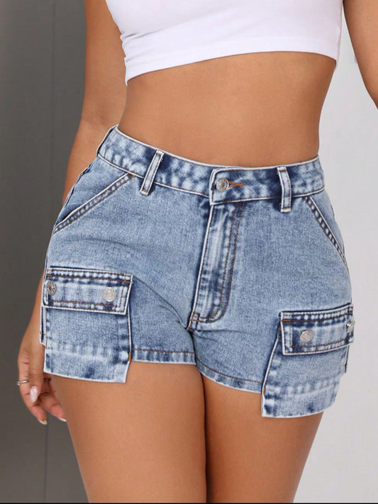 Women's Mid-Rise Waist Denim Shorts with Pockets