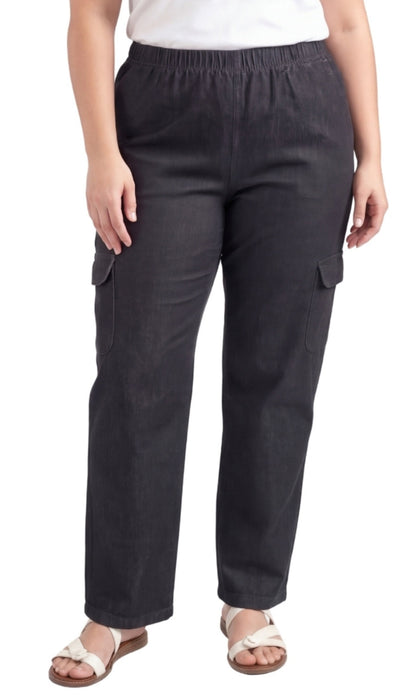 Women's Lightweight Elastic Stretch Waist Casual Denim Pull-on Cargo Pants Black