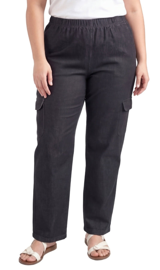 Women's Lightweight Elastic Stretch Waist Casual Denim Pull-on Cargo Pants Black