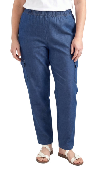 Women's Lightweight Elastic Stretch Waist Casual Denim Pull-on Cargo Pants Med Blue