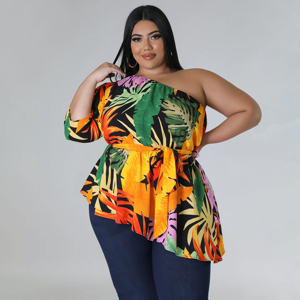 Plus Size Asymmetrical One Shoulder Printed Shoulder Long Sleeve Blouse