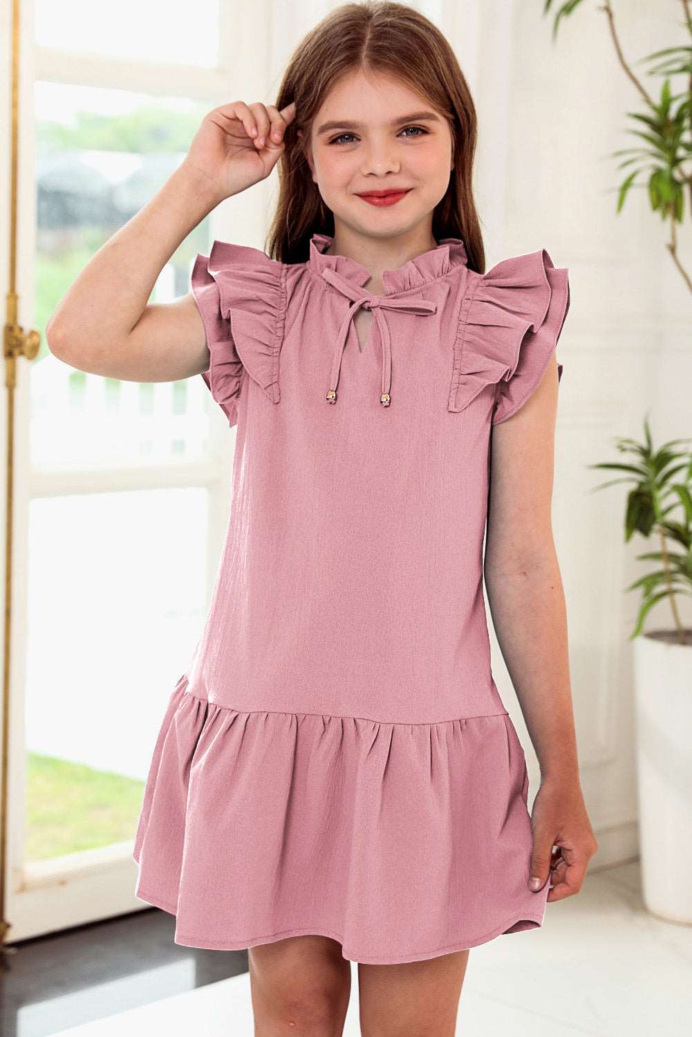 Girls Tie Neck Flutter Sleeve Dress