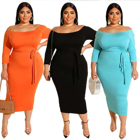 Plus Size Sunset Chic Bodycon off-the-Neck Midi Dress, Orange, Black, & Blue, front view
