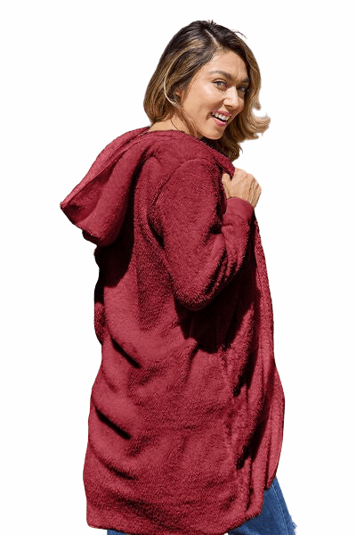 Double Take Women's Plus Size Hooded Teddy Bear Jacket with Thumbholes - Deep Red