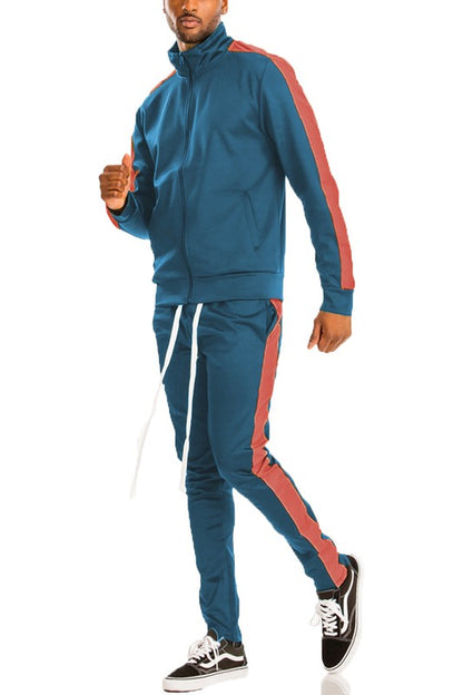 Men's Single Stripe Track Set – Full Zip Jacket & Track Pants Blue Orange