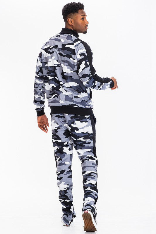 Men's Full Camo Stripe Track Set – Jacket & Pants Black Camo L
