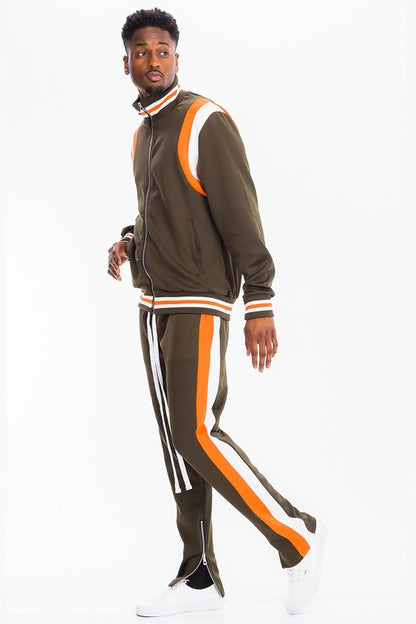 Men's Two Stripe Track Set – Jacket & Pants, 2 Colors, S–3XL Olive