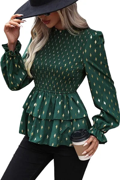 Smocked Flounce Sleeve Layered Blouse