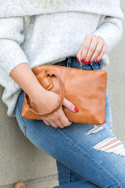 Vegan Leather Wristlet Mini Clutch Cognac OneSize