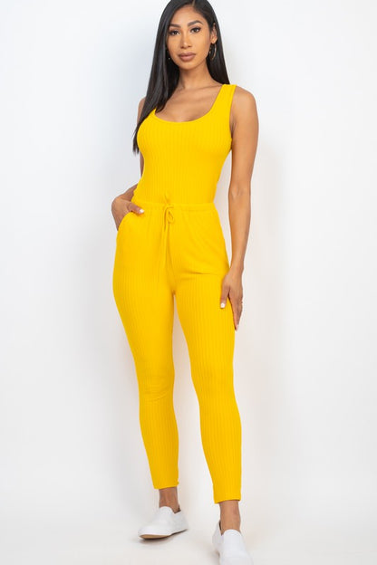 Ribbed Sleeveless Drawstring Jumpsuit – Bodycon Stretch Knit One-Piece Daylily Yellow