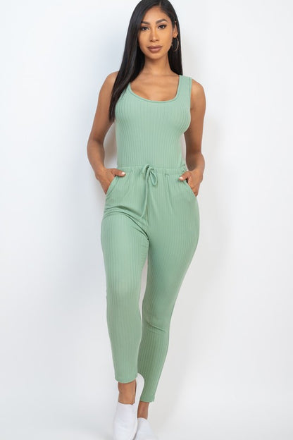 Ribbed Sleeveless Drawstring Jumpsuit – Bodycon Stretch Knit One-Piece Green Bay