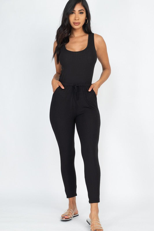 Ribbed Sleeveless Drawstring Jumpsuit – Bodycon Stretch Knit One-Piece Black