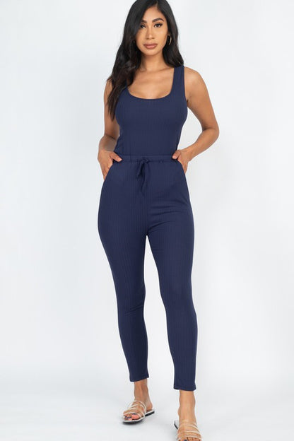 Ribbed Sleeveless Drawstring Jumpsuit – Bodycon Stretch Knit One-Piece Navy