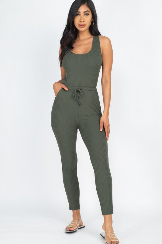 Ribbed Sleeveless Drawstring Jumpsuit – Bodycon Stretch Knit One-Piece