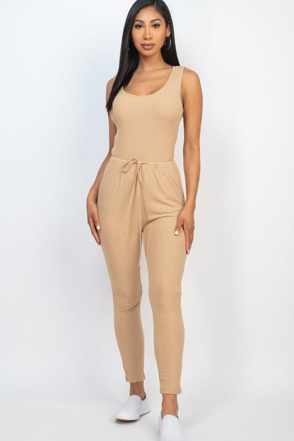Ribbed Sleeveless Drawstring Jumpsuit – Bodycon Stretch Knit One-Piece Khaki